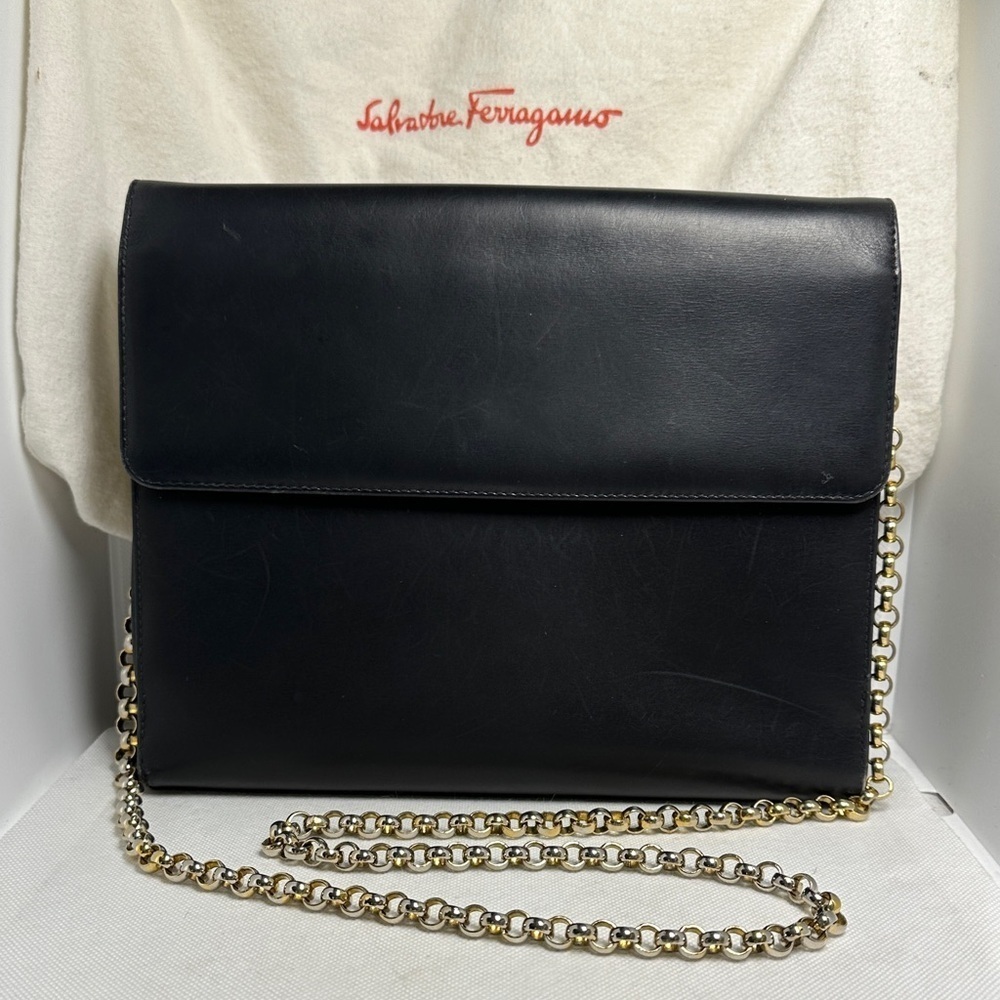 Salvatore Ferragamo Vintage Black Leather Flap Chain Link Shoulder Crossbody Bag